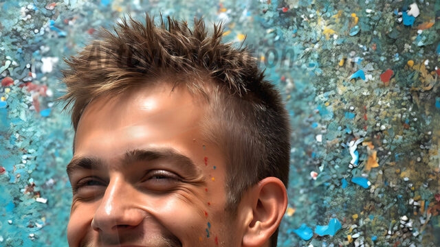 AI-generated abstract art featuring beautiful, handsome, sexy, shirtless, men, boys, lads, full of excitement joy and fun, covered in body paint, dynamic, interactive, Combining elements of realism with surreal abstract qualities, showcasing the potential of AI in artistic expression. Photos of guys, just smiling, happy, and having a good time. Most of them are smiling because a paint bomb just blow up next to them, so I'm calling is Abstract Art. When paint attacks and makes people happy, it's Art!