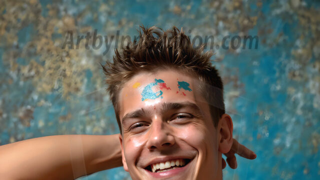 AI-generated abstract art featuring beautiful, handsome, sexy, shirtless, men, boys, lads, full of excitement joy and fun, covered in body paint, dynamic, interactive, Combining elements of realism with surreal abstract qualities, showcasing the potential of AI in artistic expression. Photos of guys, just smiling, happy, and having a good time. Most of them are smiling because a paint bomb just blow up next to them, so I'm calling is Abstract Art. When paint attacks and makes people happy, it's Art!