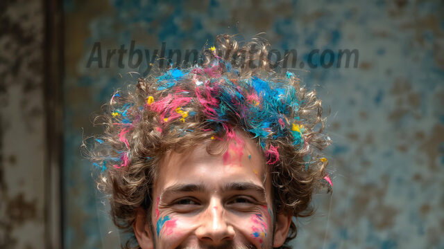 AI-generated abstract art featuring beautiful, handsome, sexy, shirtless, men, boys, lads, full of excitement joy and fun, covered in body paint, dynamic, interactive, Combining elements of realism with surreal abstract qualities, showcasing the potential of AI in artistic expression. Photos of guys, just smiling, happy, and having a good time. Most of them are smiling because a paint bomb just blow up next to them, so I'm calling is Abstract Art. When paint attacks and makes people happy, it's Art!