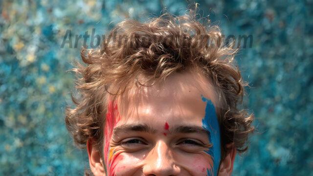 AI-generated abstract art featuring beautiful, handsome, sexy, shirtless, men, boys, lads, full of excitement joy and fun, covered in body paint, dynamic, interactive, Combining elements of realism with surreal abstract qualities, showcasing the potential of AI in artistic expression. Photos of guys, just smiling, happy, and having a good time. Most of them are smiling because a paint bomb just blow up next to them, so I'm calling is Abstract Art. When paint attacks and makes people happy, it's Art!