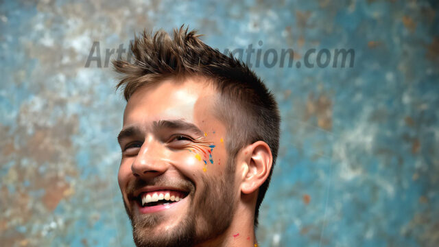 AI-generated abstract art featuring beautiful, handsome, sexy, shirtless, men, boys, lads, full of excitement joy and fun, covered in body paint, dynamic, interactive, Combining elements of realism with surreal abstract qualities, showcasing the potential of AI in artistic expression. Photos of guys, just smiling, happy, and having a good time. Most of them are smiling because a paint bomb just blow up next to them, so I'm calling is Abstract Art. When paint attacks and makes people happy, it's Art!