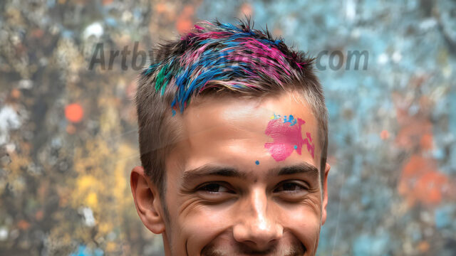 AI-generated abstract art featuring beautiful, handsome, sexy, shirtless, men, boys, lads, full of excitement joy and fun, covered in body paint, dynamic, interactive, Combining elements of realism with surreal abstract qualities, showcasing the potential of AI in artistic expression. Photos of guys, just smiling, happy, and having a good time. Most of them are smiling because a paint bomb just blow up next to them, so I'm calling is Abstract Art. When paint attacks and makes people happy, it's Art!