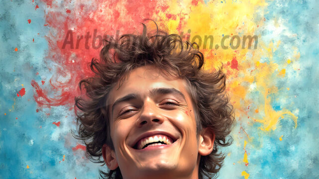 AI-generated abstract art featuring beautiful, handsome, sexy, shirtless, men, boys, lads, full of excitement joy and fun, covered in body paint, dynamic, interactive, Combining elements of realism with surreal abstract qualities, showcasing the potential of AI in artistic expression. Photos of guys, just smiling, happy, and having a good time. Most of them are smiling because a paint bomb just blow up next to them, so I'm calling is Abstract Art. When paint attacks and makes people happy, it's Art!