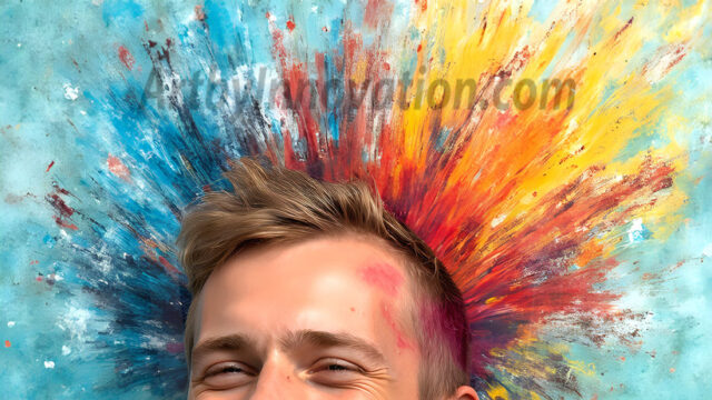 AI-generated abstract art featuring beautiful, handsome, sexy, shirtless, men, boys, lads, full of excitement joy and fun, covered in body paint, dynamic, interactive, Combining elements of realism with surreal abstract qualities, showcasing the potential of AI in artistic expression. Photos of guys, just smiling, happy, and having a good time. Most of them are smiling because a paint bomb just blow up next to them, so I'm calling is Abstract Art. When paint attacks and makes people happy, it's Art!