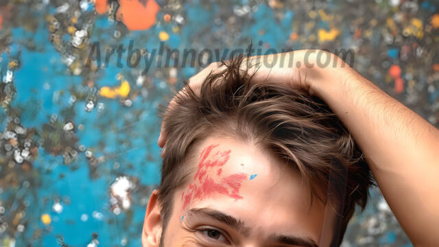 AI-generated abstract art featuring beautiful, handsome, sexy, shirtless, men, boys, lads, full of excitement joy and fun, covered in body paint, dynamic, interactive, Combining elements of realism with surreal abstract qualities, showcasing the potential of AI in artistic expression. Photos of guys, just smiling, happy, and having a good time. Most of them are smiling because a paint bomb just blow up next to them, so I'm calling is Abstract Art. When paint attacks and makes people happy, it's Art!