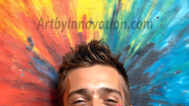 AI-generated abstract art featuring beautiful, handsome, sexy, shirtless, men, boys, lads, full of excitement joy and fun, covered in body paint, dynamic, interactive, Combining elements of realism with surreal abstract qualities, showcasing the potential of AI in artistic expression. Photos of guys, just smiling, happy, and having a good time. Most of them are smiling because a paint bomb just blow up next to them, so I'm calling is Abstract Art. When paint attacks and makes people happy, it's Art!