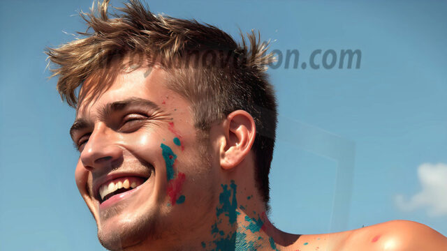 AI-generated abstract art featuring beautiful, handsome, sexy, shirtless, men, boys, lads, full of excitement joy and fun, covered in body paint, dynamic, interactive, Combining elements of realism with surreal abstract qualities, showcasing the potential of AI in artistic expression. Photos of guys, just smiling, happy, and having a good time. Most of them are smiling because a paint bomb just blow up next to them, so I'm calling is Abstract Art. When paint attacks and makes people happy, it's Art!