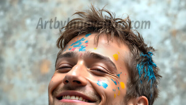 AI-generated abstract art featuring beautiful, handsome, sexy, shirtless, men, boys, lads, full of excitement joy and fun, covered in body paint, dynamic, interactive, Combining elements of realism with surreal abstract qualities, showcasing the potential of AI in artistic expression. Photos of guys, just smiling, happy, and having a good time. Most of them are smiling because a paint bomb just blow up next to them, so I'm calling is Abstract Art. When paint attacks and makes people happy, it's Art!