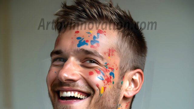 AI-generated abstract art featuring beautiful, handsome, sexy, shirtless, men, boys, lads, full of excitement joy and fun, covered in body paint, dynamic, interactive, Combining elements of realism with surreal abstract qualities, showcasing the potential of AI in artistic expression. Photos of guys, just smiling, happy, and having a good time. Most of them are smiling because a paint bomb just blow up next to them, so I'm calling is Abstract Art. When paint attacks and makes people happy, it's Art!