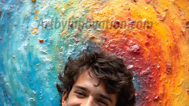 AI-generated abstract art featuring beautiful, handsome, sexy, shirtless, men, boys, lads, full of excitement joy and fun, covered in body paint, dynamic, interactive, Combining elements of realism with surreal abstract qualities, showcasing the potential of AI in artistic expression. Photos of guys, just smiling, happy, and having a good time. Most of them are smiling because a paint bomb just blow up next to them, so I'm calling is Abstract Art. When paint attacks and makes people happy, it's Art!