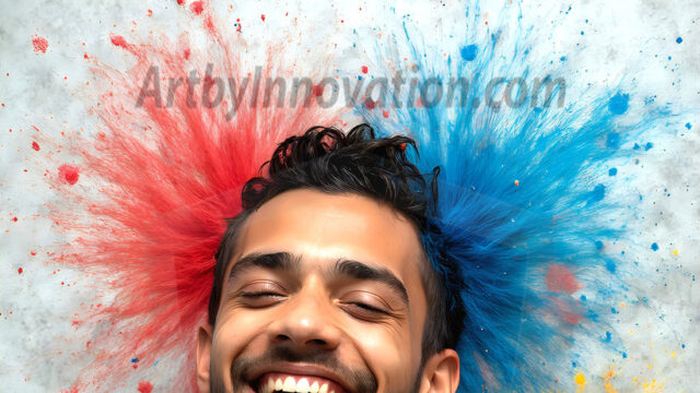 AI-generated abstract art featuring beautiful, handsome, sexy, shirtless, men, boys, lads, full of excitement joy and fun, covered in body paint, dynamic, interactive, Combining elements of realism with surreal abstract qualities, showcasing the potential of AI in artistic expression. Photos of guys, just smiling, happy, and having a good time. Most of them are smiling because a paint bomb just blow up next to them, so I'm calling is Abstract Art. When paint attacks and makes people happy, it's Art!