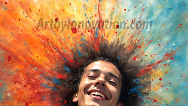 AI-generated abstract art featuring beautiful, handsome, sexy, shirtless, men, boys, lads, full of excitement joy and fun, covered in body paint, dynamic, interactive, Combining elements of realism with surreal abstract qualities, showcasing the potential of AI in artistic expression. Photos of guys, just smiling, happy, and having a good time. Most of them are smiling because a paint bomb just blow up next to them, so I'm calling is Abstract Art. When paint attacks and makes people happy, it's Art!