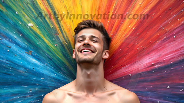 AI-generated abstract art featuring beautiful, handsome, sexy, shirtless, men, boys, lads, full of excitement joy and fun, covered in body paint, dynamic, interactive, Combining elements of realism with surreal abstract qualities, showcasing the potential of AI in artistic expression. Photos of guys, just smiling, happy, and having a good time. Most of them are smiling because a paint bomb just blow up next to them, so I'm calling is Abstract Art. When paint attacks and makes people happy, it's Art!