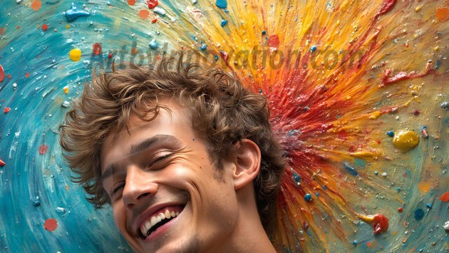 AI-generated abstract art featuring beautiful, handsome, sexy, shirtless, men, boys, lads, full of excitement joy and fun, covered in body paint, dynamic, interactive, Combining elements of realism with surreal abstract qualities, showcasing the potential of AI in artistic expression. Photos of guys, just smiling, happy, and having a good time. Most of them are smiling because a paint bomb just blow up next to them, so I'm calling is Abstract Art. When paint attacks and makes people happy, it's Art!