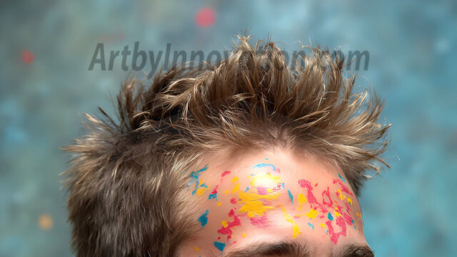 AI-generated abstract art featuring beautiful, handsome, sexy, shirtless, men, boys, lads, full of excitement joy and fun, covered in body paint, dynamic, interactive, Combining elements of realism with surreal abstract qualities, showcasing the potential of AI in artistic expression. Photos of guys, just smiling, happy, and having a good time. Most of them are smiling because a paint bomb just blow up next to them, so I'm calling is Abstract Art. When paint attacks and makes people happy, it's Art!