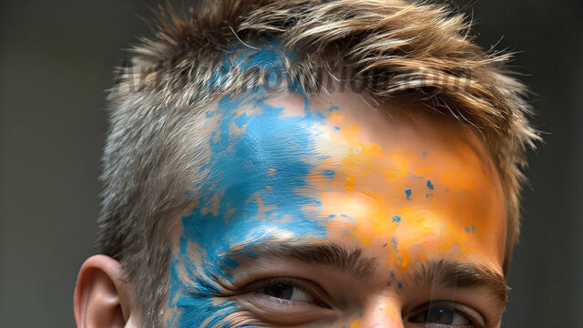 AI-generated abstract art featuring beautiful, handsome, sexy, shirtless, men, boys, lads, full of excitement joy and fun, covered in body paint, dynamic, interactive, Combining elements of realism with surreal abstract qualities, showcasing the potential of AI in artistic expression. Photos of guys, just smiling, happy, and having a good time. Most of them are smiling because a paint bomb just blow up next to them, so I'm calling is Abstract Art. When paint attacks and makes people happy, it's Art!