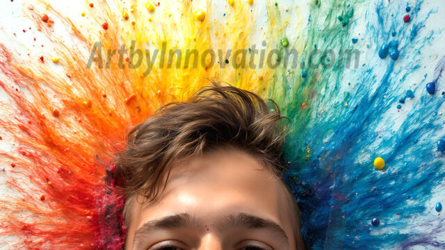 AI-generated abstract art featuring beautiful, handsome, sexy, shirtless, men, boys, lads, full of excitement joy and fun, covered in body paint, dynamic, interactive, Combining elements of realism with surreal abstract qualities, showcasing the potential of AI in artistic expression. Photos of guys, just smiling, happy, and having a good time. Most of them are smiling because a paint bomb just blow up next to them, so I'm calling is Abstract Art. When paint attacks and makes people happy, it's Art!