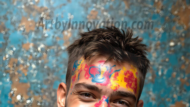 AI-generated abstract art featuring beautiful, handsome, sexy, shirtless, men, boys, lads, full of excitement joy and fun, covered in body paint, dynamic, interactive, Combining elements of realism with surreal abstract qualities, showcasing the potential of AI in artistic expression. Photos of guys, just smiling, happy, and having a good time. Most of them are smiling because a paint bomb just blow up next to them, so I'm calling is Abstract Art. When paint attacks and makes people happy, it's Art!