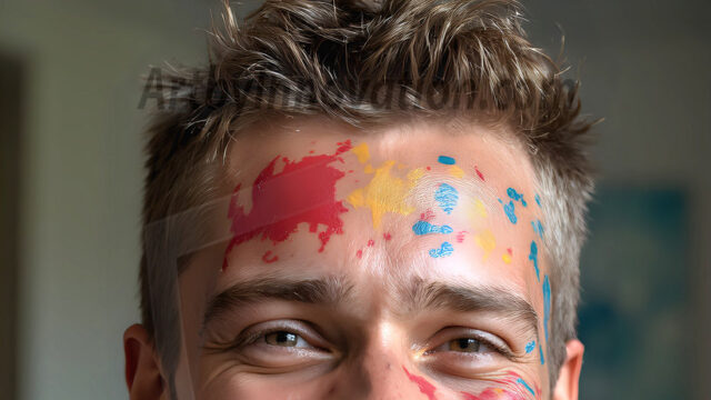 AI-generated abstract art featuring beautiful, handsome, sexy, shirtless, men, boys, lads, full of excitement joy and fun, covered in body paint, dynamic, interactive, Combining elements of realism with surreal abstract qualities, showcasing the potential of AI in artistic expression. Photos of guys, just smiling, happy, and having a good time. Most of them are smiling because a paint bomb just blow up next to them, so I'm calling is Abstract Art. When paint attacks and makes people happy, it's Art!