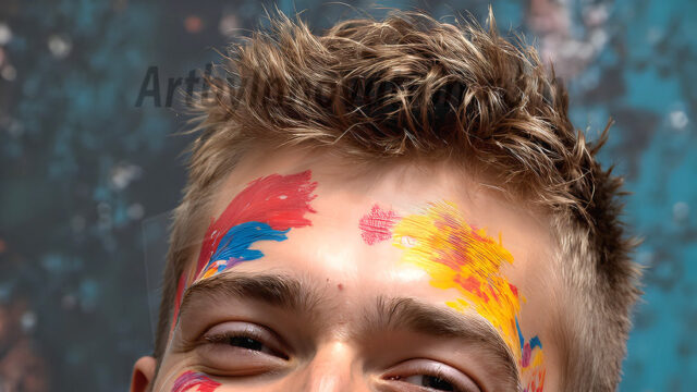 AI-generated abstract art featuring beautiful, handsome, sexy, shirtless, men, boys, lads, full of excitement joy and fun, covered in body paint, dynamic, interactive, Combining elements of realism with surreal abstract qualities, showcasing the potential of AI in artistic expression. Photos of guys, just smiling, happy, and having a good time. Most of them are smiling because a paint bomb just blow up next to them, so I'm calling is Abstract Art. When paint attacks and makes people happy, it's Art!