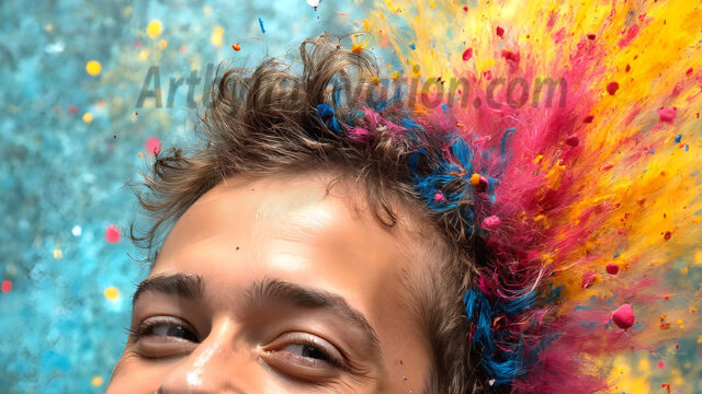 AI-generated abstract art featuring beautiful, handsome, sexy, shirtless, men, boys, lads, full of excitement joy and fun, covered in body paint, dynamic, interactive, Combining elements of realism with surreal abstract qualities, showcasing the potential of AI in artistic expression. Photos of guys, just smiling, happy, and having a good time. Most of them are smiling because a paint bomb just blow up next to them, so I'm calling is Abstract Art. When paint attacks and makes people happy, it's Art!