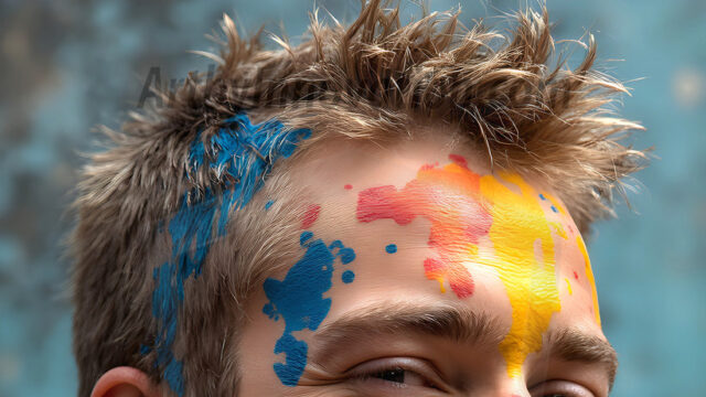 AI-generated abstract art featuring beautiful, handsome, sexy, shirtless, men, boys, lads, full of excitement joy and fun, covered in body paint, dynamic, interactive, Combining elements of realism with surreal abstract qualities, showcasing the potential of AI in artistic expression. Photos of guys, just smiling, happy, and having a good time. Most of them are smiling because a paint bomb just blow up next to them, so I'm calling is Abstract Art. When paint attacks and makes people happy, it's Art!