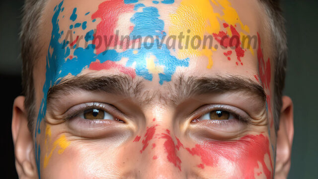 AI-generated abstract art featuring beautiful, handsome, sexy, shirtless, men, boys, lads, full of excitement joy and fun, covered in body paint, dynamic, interactive, Combining elements of realism with surreal abstract qualities, showcasing the potential of AI in artistic expression. Photos of guys, just smiling, happy, and having a good time. Most of them are smiling because a paint bomb just blow up next to them, so I'm calling is Abstract Art. When paint attacks and makes people happy, it's Art!