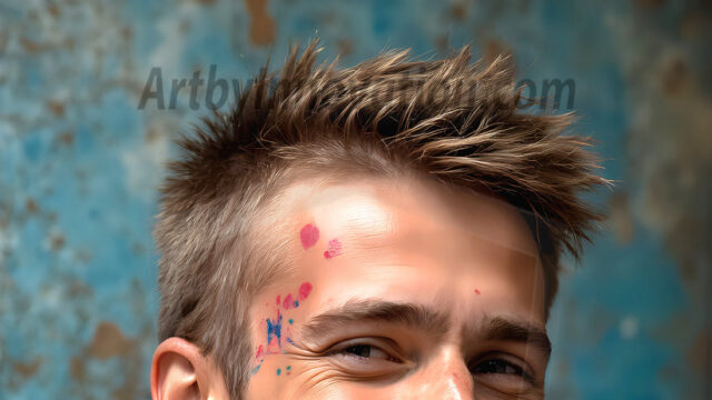 AI-generated abstract art featuring beautiful, handsome, sexy, shirtless, men, boys, lads, full of excitement joy and fun, covered in body paint, dynamic, interactive, Combining elements of realism with surreal abstract qualities, showcasing the potential of AI in artistic expression. Photos of guys, just smiling, happy, and having a good time. Most of them are smiling because a paint bomb just blow up next to them, so I'm calling is Abstract Art. When paint attacks and makes people happy, it's Art!