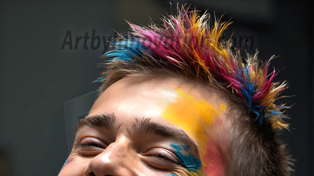 AI-generated abstract art featuring beautiful, handsome, sexy, shirtless, men, boys, lads, full of excitement joy and fun, covered in body paint, dynamic, interactive, Combining elements of realism with surreal abstract qualities, showcasing the potential of AI in artistic expression. Photos of guys, just smiling, happy, and having a good time. Most of them are smiling because a paint bomb just blow up next to them, so I'm calling is Abstract Art. When paint attacks and makes people happy, it's Art!
