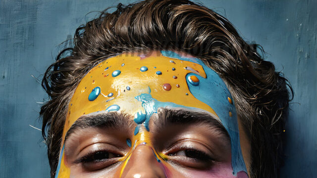 AI-generated abstract art featuring beautiful, handsome, sexy, shirtless, men, boys, lads, full of excitement joy and fun, covered in body paint, dynamic, interactive, Combining elements of realism with surreal abstract qualities, showcasing the potential of AI in artistic expression. Photos of guys, just smiling, happy, and having a good time. Most of them are smiling because a paint bomb just blow up next to them, so I'm calling is Abstract Art. When paint attacks and makes people happy, it's Art!