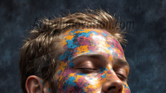 AI-generated abstract art featuring beautiful, handsome, sexy, shirtless, men, boys, lads, full of excitement joy and fun, covered in body paint, dynamic, interactive, Combining elements of realism with surreal abstract qualities, showcasing the potential of AI in artistic expression. Photos of guys, just smiling, happy, and having a good time. Most of them are smiling because a paint bomb just blow up next to them, so I'm calling is Abstract Art. When paint attacks and makes people happy, it's Art!