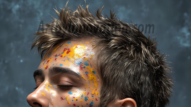 AI-generated abstract art featuring beautiful, handsome, sexy, shirtless, men, boys, lads, full of excitement joy and fun, covered in body paint, dynamic, interactive, Combining elements of realism with surreal abstract qualities, showcasing the potential of AI in artistic expression. Photos of guys, just smiling, happy, and having a good time. Most of them are smiling because a paint bomb just blow up next to them, so I'm calling is Abstract Art. When paint attacks and makes people happy, it's Art!