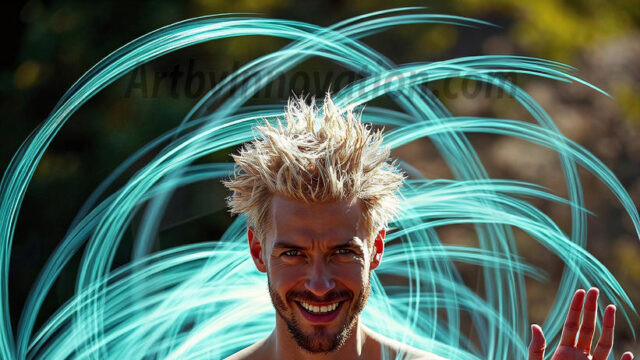 Abstract Male Art, AI photos of handsome shirtless men dancing with Light Rays, colorful art in motion. Guys dancing with radiant light rays that wrap around his body in flowing patterns, emphasizing his movements and adding a sense of ethereal fluidity. The designs appear weightless and almost sculptural, creates a striking contrast against the backgrounds making him the center of a cosmic dance, with energy and elegance. AI-generated abstract art HD photos featuring handsome, sexy, shirtless, men, boys, lads, dancing with colorful light rays, dynamic, interactive. Combining elements of realism with surreal abstract qualities, showcasing the potential of AI in artistic expression.