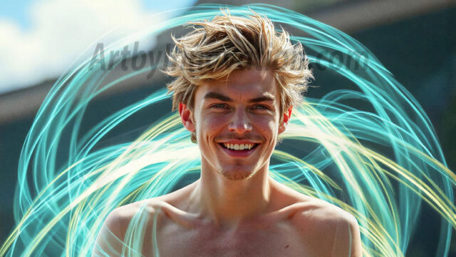 Abstract Male Art, AI photos of handsome shirtless men dancing with Light Rays, colorful art in motion. Guys dancing with radiant light rays that wrap around his body in flowing patterns, emphasizing his movements and adding a sense of ethereal fluidity. The designs appear weightless and almost sculptural, creates a striking contrast against the backgrounds making him the center of a cosmic dance, with energy and elegance. AI-generated abstract art HD photos featuring handsome, sexy, shirtless, men, boys, lads, dancing with colorful light rays, dynamic, interactive. Combining elements of realism with surreal abstract qualities, showcasing the potential of AI in artistic expression.