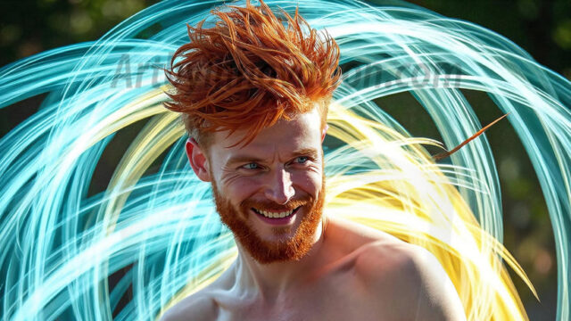 Abstract Male Art, AI photos of handsome shirtless men dancing with Light Rays, colorful art in motion. Guys dancing with radiant light rays that wrap around his body in flowing patterns, emphasizing his movements and adding a sense of ethereal fluidity. The designs appear weightless and almost sculptural, creates a striking contrast against the backgrounds making him the center of a cosmic dance, with energy and elegance. AI-generated abstract art HD photos featuring handsome, sexy, shirtless, men, boys, lads, dancing with colorful light rays, dynamic, interactive. Combining elements of realism with surreal abstract qualities, showcasing the potential of AI in artistic expression.