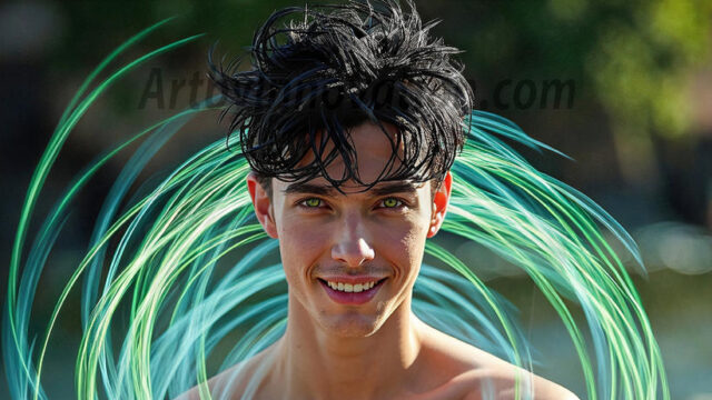 Abstract Male Art, AI photos of handsome shirtless men dancing with Light Rays, colorful art in motion. Guys dancing with radiant light rays that wrap around his body in flowing patterns, emphasizing his movements and adding a sense of ethereal fluidity. The designs appear weightless and almost sculptural, creates a striking contrast against the backgrounds making him the center of a cosmic dance, with energy and elegance. AI-generated abstract art HD photos featuring handsome, sexy, shirtless, men, boys, lads, dancing with colorful light rays, dynamic, interactive. Combining elements of realism with surreal abstract qualities, showcasing the potential of AI in artistic expression.