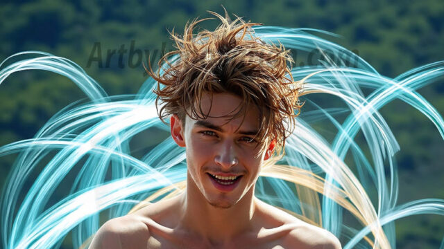 Abstract Male Art, AI photos of handsome shirtless men dancing with Light Rays, colorful art in motion. Guys dancing with radiant light rays that wrap around his body in flowing patterns, emphasizing his movements and adding a sense of ethereal fluidity. The designs appear weightless and almost sculptural, creates a striking contrast against the backgrounds making him the center of a cosmic dance, with energy and elegance. AI-generated abstract art HD photos featuring handsome, sexy, shirtless, men, boys, lads, dancing with colorful light rays, dynamic, interactive. Combining elements of realism with surreal abstract qualities, showcasing the potential of AI in artistic expression.