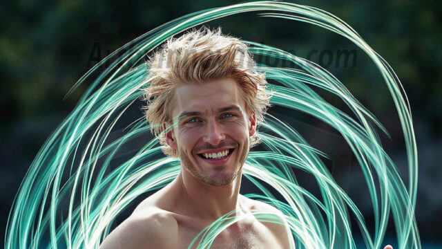 Abstract Male Art, AI photos of handsome shirtless men dancing with Light Rays, colorful art in motion. Guys dancing with radiant light rays that wrap around his body in flowing patterns, emphasizing his movements and adding a sense of ethereal fluidity. The designs appear weightless and almost sculptural, creates a striking contrast against the backgrounds making him the center of a cosmic dance, with energy and elegance. AI-generated abstract art HD photos featuring handsome, sexy, shirtless, men, boys, lads, dancing with colorful light rays, dynamic, interactive. Combining elements of realism with surreal abstract qualities, showcasing the potential of AI in artistic expression.