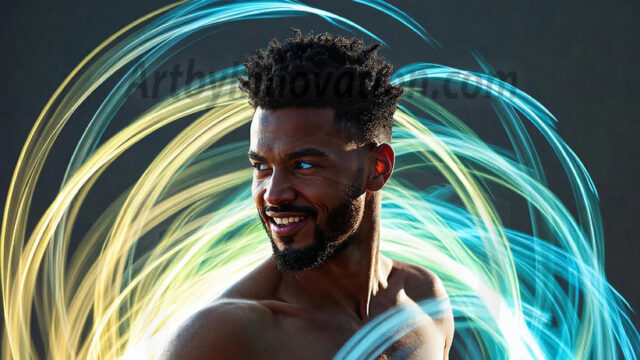 Abstract Male Art, AI photos of handsome shirtless men dancing with Light Rays, colorful art in motion. Guys dancing with radiant light rays that wrap around his body in flowing patterns, emphasizing his movements and adding a sense of ethereal fluidity. The designs appear weightless and almost sculptural, creates a striking contrast against the backgrounds making him the center of a cosmic dance, with energy and elegance. AI-generated abstract art HD photos featuring handsome, sexy, shirtless, men, boys, lads, dancing with colorful light rays, dynamic, interactive. Combining elements of realism with surreal abstract qualities, showcasing the potential of AI in artistic expression.