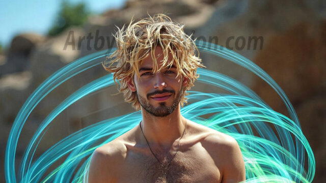 Abstract Male Art, AI photos of handsome shirtless men dancing with Light Rays, colorful art in motion. Guys dancing with radiant light rays that wrap around his body in flowing patterns, emphasizing his movements and adding a sense of ethereal fluidity. The designs appear weightless and almost sculptural, creates a striking contrast against the backgrounds making him the center of a cosmic dance, with energy and elegance. AI-generated abstract art HD photos featuring handsome, sexy, shirtless, men, boys, lads, dancing with colorful light rays, dynamic, interactive. Combining elements of realism with surreal abstract qualities, showcasing the potential of AI in artistic expression.
