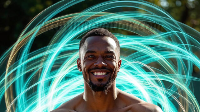 Abstract Male Art, AI photos of handsome shirtless men dancing with Light Rays, colorful art in motion. Guys dancing with radiant light rays that wrap around his body in flowing patterns, emphasizing his movements and adding a sense of ethereal fluidity. The designs appear weightless and almost sculptural, creates a striking contrast against the backgrounds making him the center of a cosmic dance, with energy and elegance. AI-generated abstract art HD photos featuring handsome, sexy, shirtless, men, boys, lads, dancing with colorful light rays, dynamic, interactive. Combining elements of realism with surreal abstract qualities, showcasing the potential of AI in artistic expression.