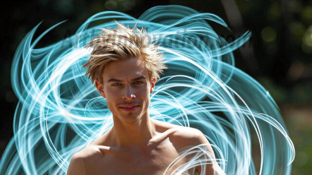 Abstract Male Art, AI photos of handsome shirtless men dancing with Light Rays, colorful art in motion. Guys dancing with radiant light rays that wrap around his body in flowing patterns, emphasizing his movements and adding a sense of ethereal fluidity. The designs appear weightless and almost sculptural, creates a striking contrast against the backgrounds making him the center of a cosmic dance, with energy and elegance. AI-generated abstract art HD photos featuring handsome, sexy, shirtless, men, boys, lads, dancing with colorful light rays, dynamic, interactive. Combining elements of realism with surreal abstract qualities, showcasing the potential of AI in artistic expression.