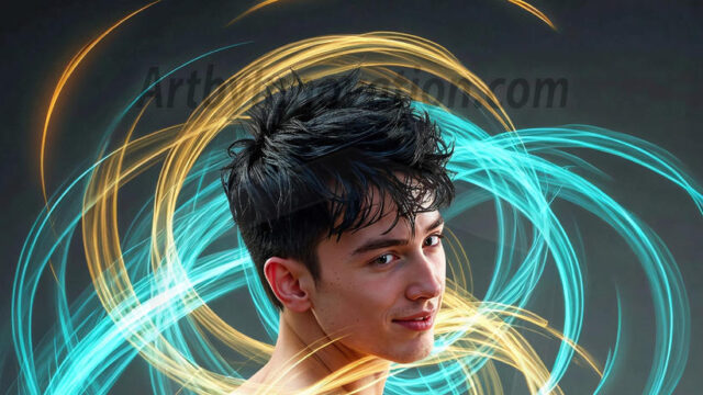 Abstract Male Art, AI photos of handsome shirtless men dancing with Light Rays, colorful art in motion. Guys dancing with radiant light rays that wrap around his body in flowing patterns, emphasizing his movements and adding a sense of ethereal fluidity. The designs appear weightless and almost sculptural, creates a striking contrast against the backgrounds making him the center of a cosmic dance, with energy and elegance. AI-generated abstract art HD photos featuring handsome, sexy, shirtless, men, boys, lads, dancing with colorful light rays, dynamic, interactive. Combining elements of realism with surreal abstract qualities, showcasing the potential of AI in artistic expression.