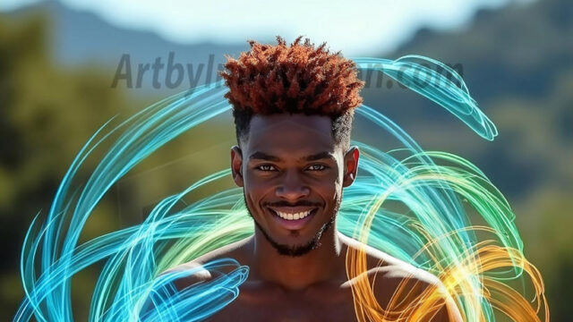 Abstract Male Art, AI photos of handsome shirtless men dancing with Light Rays, colorful art in motion. Guys dancing with radiant light rays that wrap around his body in flowing patterns, emphasizing his movements and adding a sense of ethereal fluidity. The designs appear weightless and almost sculptural, creates a striking contrast against the backgrounds making him the center of a cosmic dance, with energy and elegance. AI-generated abstract art HD photos featuring handsome, sexy, shirtless, men, boys, lads, dancing with colorful light rays, dynamic, interactive. Combining elements of realism with surreal abstract qualities, showcasing the potential of AI in artistic expression.