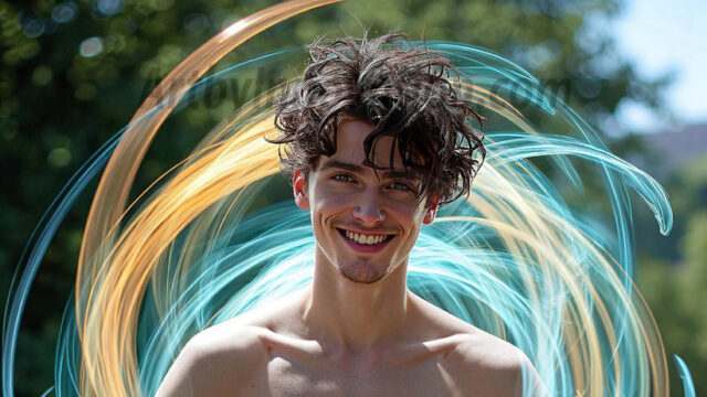 Abstract Male Art, AI photos of handsome shirtless men dancing with Light Rays, colorful art in motion. Guys dancing with radiant light rays that wrap around his body in flowing patterns, emphasizing his movements and adding a sense of ethereal fluidity. The designs appear weightless and almost sculptural, creates a striking contrast against the backgrounds making him the center of a cosmic dance, with energy and elegance. AI-generated abstract art HD photos featuring handsome, sexy, shirtless, men, boys, lads, dancing with colorful light rays, dynamic, interactive. Combining elements of realism with surreal abstract qualities, showcasing the potential of AI in artistic expression.