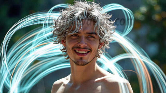 Abstract Male Art, AI photos of handsome shirtless men dancing with Light Rays, colorful art in motion. Guys dancing with radiant light rays that wrap around his body in flowing patterns, emphasizing his movements and adding a sense of ethereal fluidity. The designs appear weightless and almost sculptural, creates a striking contrast against the backgrounds making him the center of a cosmic dance, with energy and elegance. AI-generated abstract art HD photos featuring handsome, sexy, shirtless, men, boys, lads, dancing with colorful light rays, dynamic, interactive. Combining elements of realism with surreal abstract qualities, showcasing the potential of AI in artistic expression.