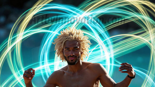 Abstract Male Art, AI photos of handsome shirtless men dancing with Light Rays, colorful art in motion. Guys dancing with radiant light rays that wrap around his body in flowing patterns, emphasizing his movements and adding a sense of ethereal fluidity. The designs appear weightless and almost sculptural, creates a striking contrast against the backgrounds making him the center of a cosmic dance, with energy and elegance. AI-generated abstract art HD photos featuring handsome, sexy, shirtless, men, boys, lads, dancing with colorful light rays, dynamic, interactive. Combining elements of realism with surreal abstract qualities, showcasing the potential of AI in artistic expression.