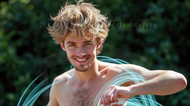 Abstract Male Art, AI photos of handsome shirtless men dancing with Light Rays, colorful art in motion. Guys dancing with radiant light rays that wrap around his body in flowing patterns, emphasizing his movements and adding a sense of ethereal fluidity. The designs appear weightless and almost sculptural, creates a striking contrast against the backgrounds making him the center of a cosmic dance, with energy and elegance. AI-generated abstract art HD photos featuring handsome, sexy, shirtless, men, boys, lads, dancing with colorful light rays, dynamic, interactive. Combining elements of realism with surreal abstract qualities, showcasing the potential of AI in artistic expression.