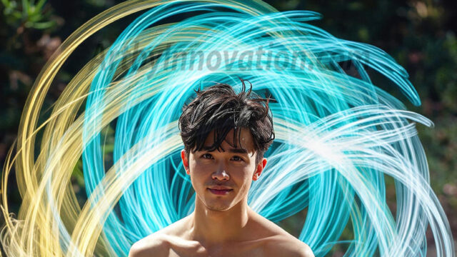 Abstract Male Art, AI photos of handsome shirtless men dancing with Light Rays, colorful art in motion. Guys dancing with radiant light rays that wrap around his body in flowing patterns, emphasizing his movements and adding a sense of ethereal fluidity. The designs appear weightless and almost sculptural, creates a striking contrast against the backgrounds making him the center of a cosmic dance, with energy and elegance. AI-generated abstract art HD photos featuring handsome, sexy, shirtless, men, boys, lads, dancing with colorful light rays, dynamic, interactive. Combining elements of realism with surreal abstract qualities, showcasing the potential of AI in artistic expression.