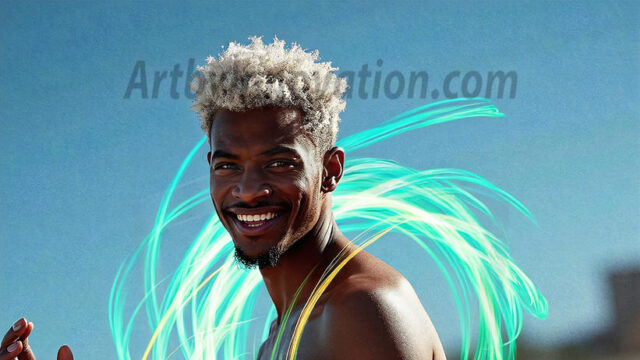Abstract Male Art, AI photos of handsome shirtless men dancing with Light Rays, colorful art in motion. Guys dancing with radiant light rays that wrap around his body in flowing patterns, emphasizing his movements and adding a sense of ethereal fluidity. The designs appear weightless and almost sculptural, creates a striking contrast against the backgrounds making him the center of a cosmic dance, with energy and elegance. AI-generated abstract art HD photos featuring handsome, sexy, shirtless, men, boys, lads, dancing with colorful light rays, dynamic, interactive. Combining elements of realism with surreal abstract qualities, showcasing the potential of AI in artistic expression.